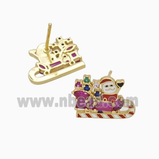 Christmas Santa Claus Charms Copper Stud Earrings Pave Zirconia Enamel Gold Plated