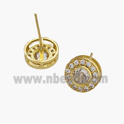 Copper Coin Stud Earrings Pave Zirconia Gold Plated