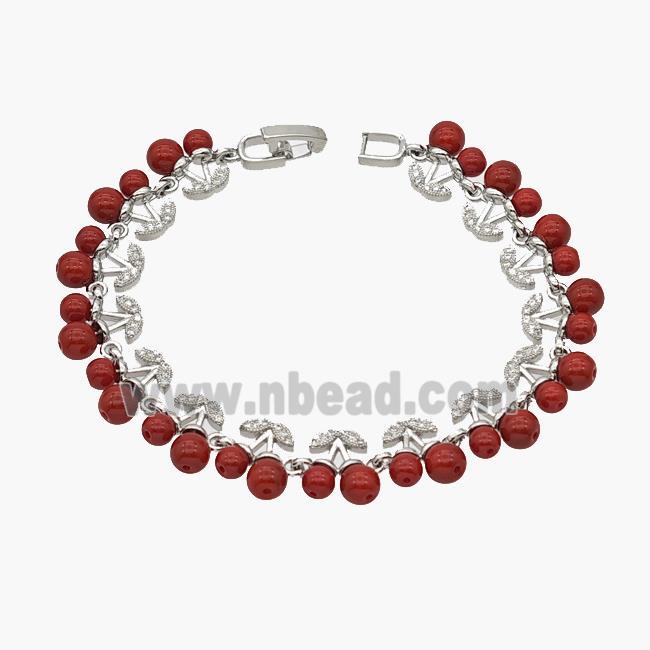 Copper Cherry Bracelet Pave Zirconia Red Resin Ball Platinum Plated