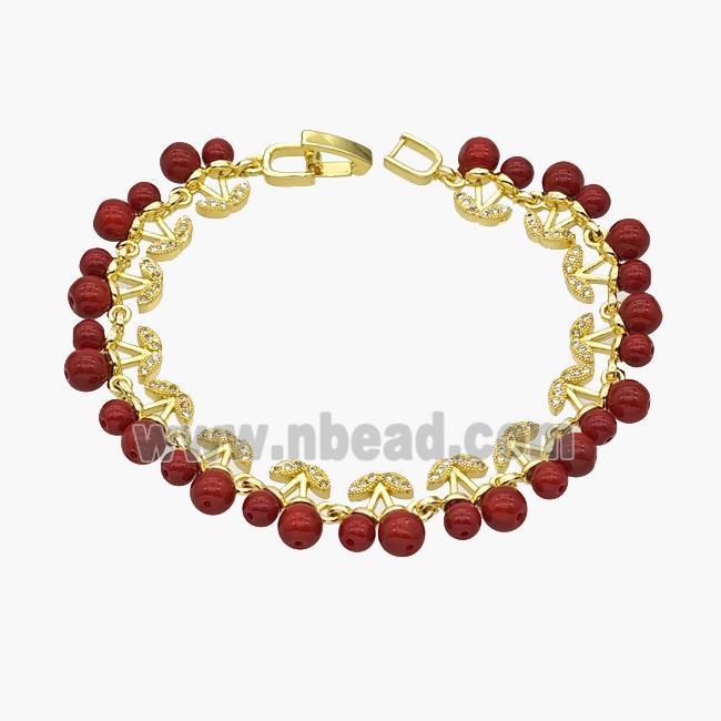 Copper Cherry Bracelet Pave Zirconia Red Resin Ball Gold Plated