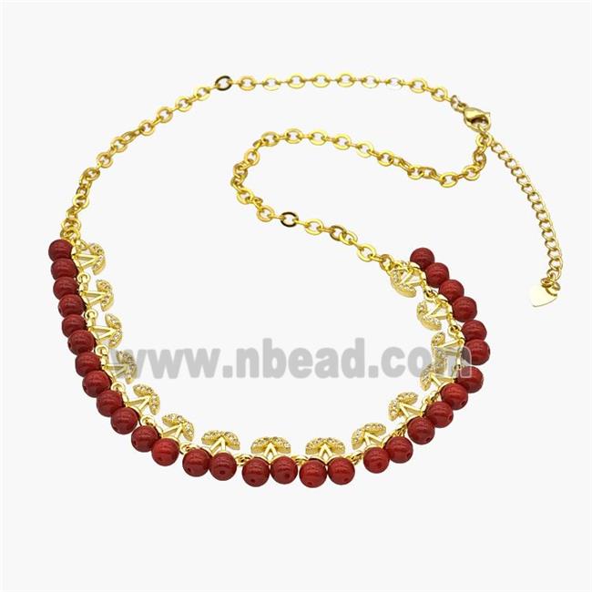 Copper Cherry Necklace Pave Zirconia Red Resin Ball Gold Plated