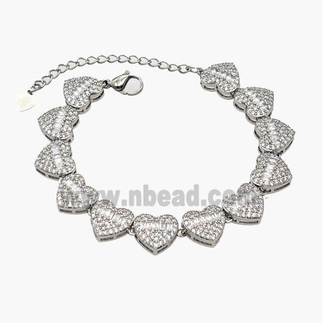 Copper Heart Bracelet Pave Zirconia Platinum Plated