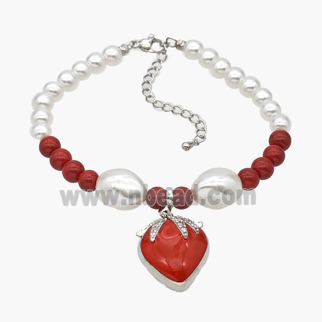 Pearlized Resin Bracelet With Copper Cherry Pendant Red Enamel Platinum Plated