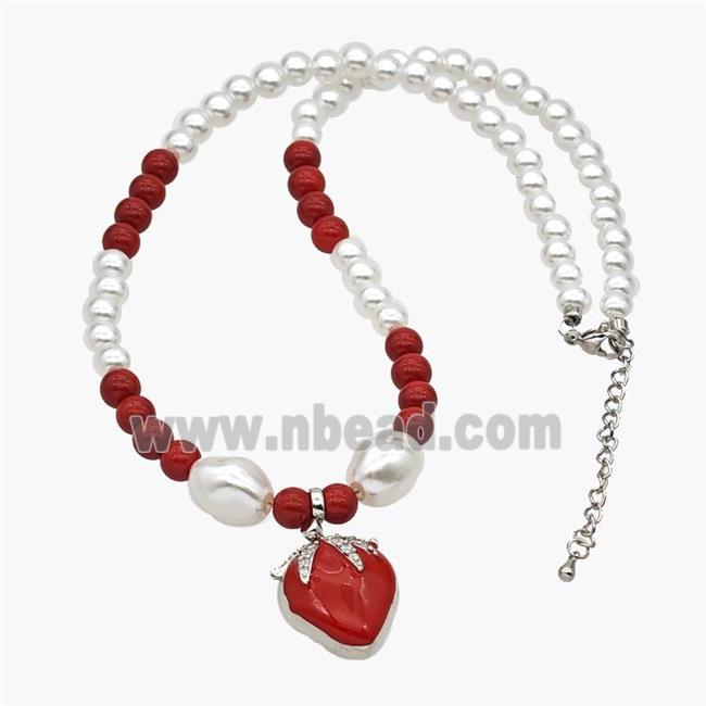 Pearlized Resin Necklace With Copper Cherry Pendant Red Enamel Platinum Plated