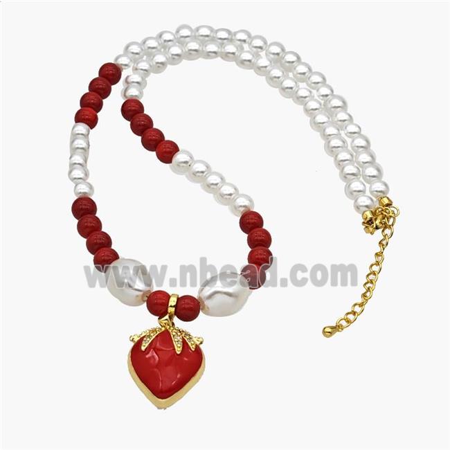 Pearlized Resin Necklace With Copper Cherry Pendant Red Enamel Gold Plated