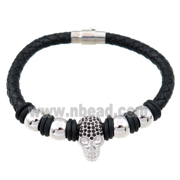 PU leather bracelet with magnetic clasp, skull beads