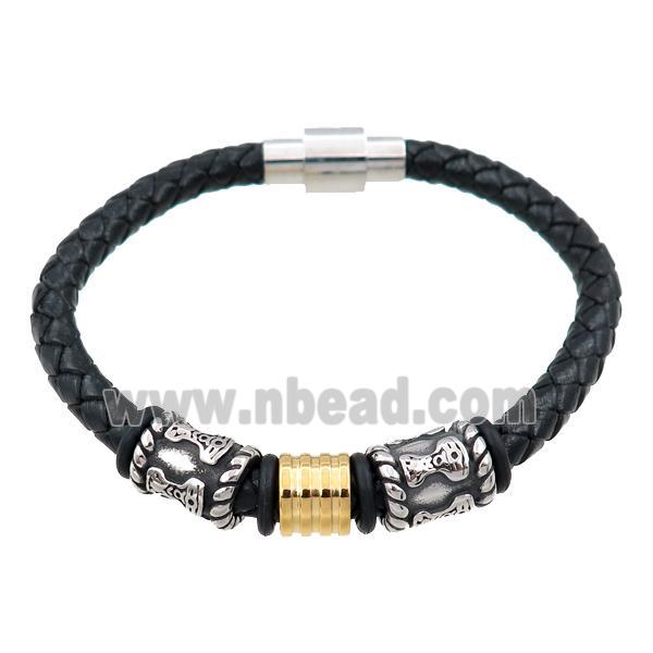 PU leather bracelet with magnetic clasp, stainless steel beads