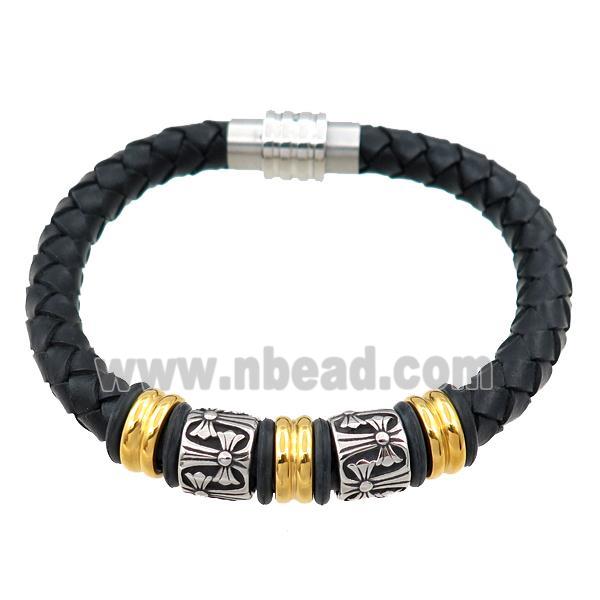 PU leather bracelet with magnetic clasp, stainless steel beads