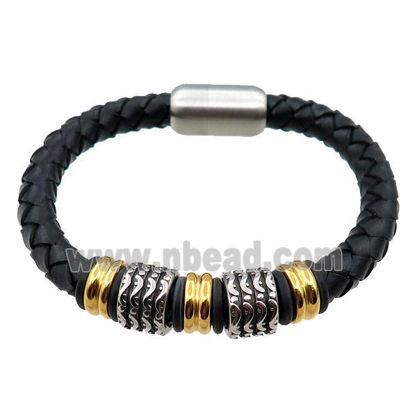 PU leather bracelet with magnetic clasp, stainless steel beads