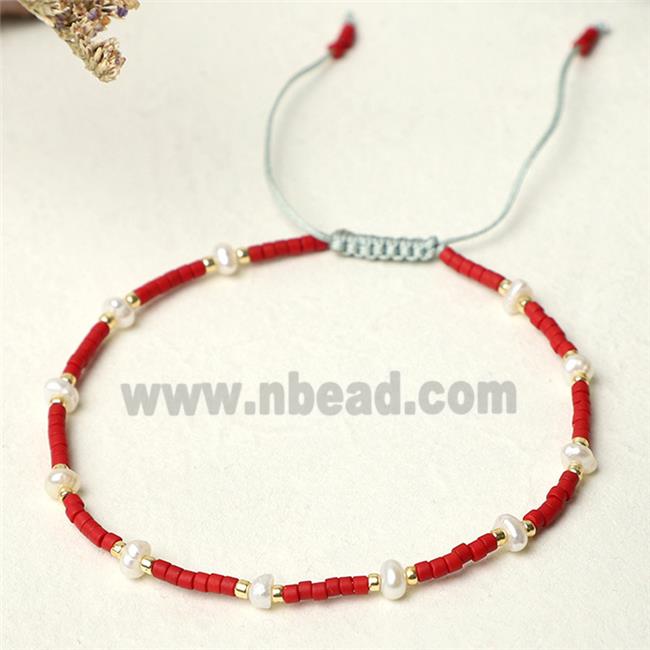 handmade miyuki glass Bracelet with Pearl, adjustable, red