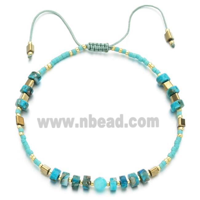 handmade miyuki glass Bracelet with Imperial Jasper, adjustable, aqua