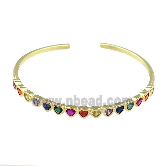 Copper Heart Bangle Pave Multicolor Zircon Gold Plated