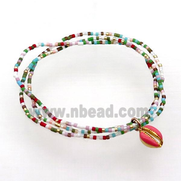 Seed Glass Bracelet 3 Strands Conch Shell Stretchy