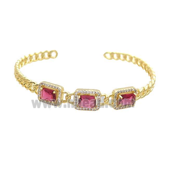 Copper Bangle Pave Zircon Red Crystal Glass Rectangle Gold Plated