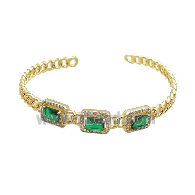 Copper Bangle Pave Zircon Green Crystal Glass Rectangle Gold Plated