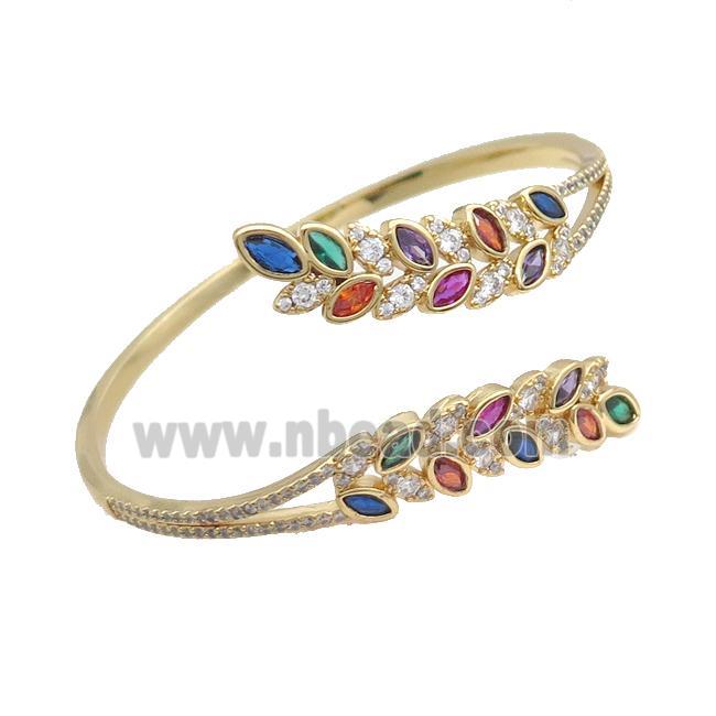 Copper Bangle Pave Multicolor Zircon Leaf Gold Plated