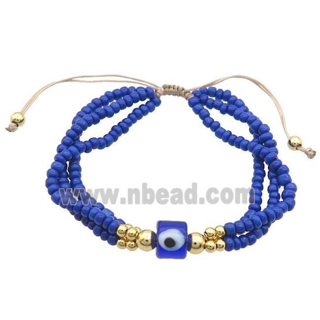 Seed Glass Bracelet Blue Lampwork Evil Eye Adjustable