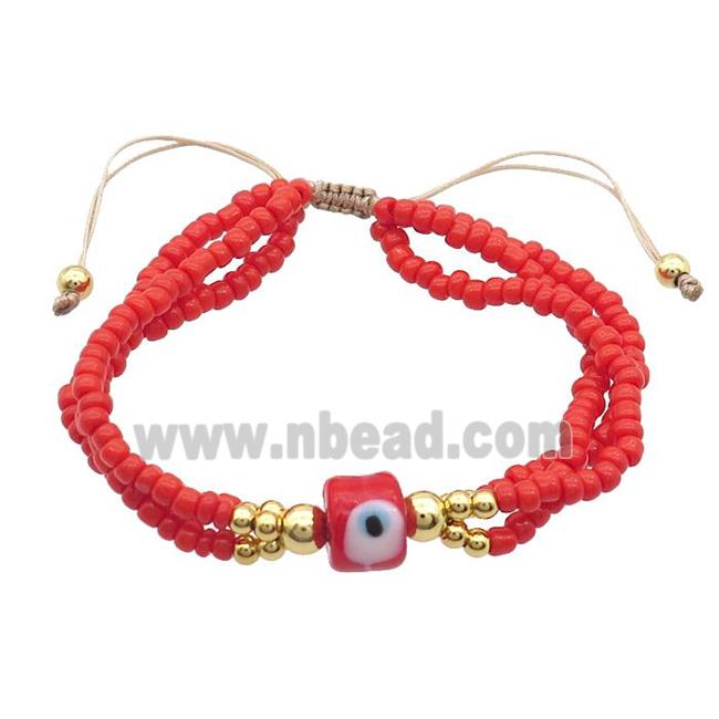 Seed Glass Bracelet Red Lampwork Evil Eye Adjustable