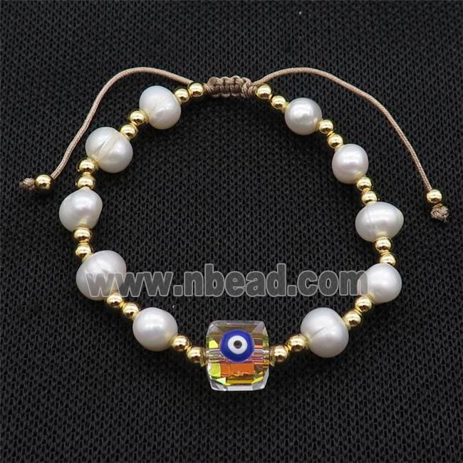 Pearl Bracelet With Evil Eye Copper Adjustable