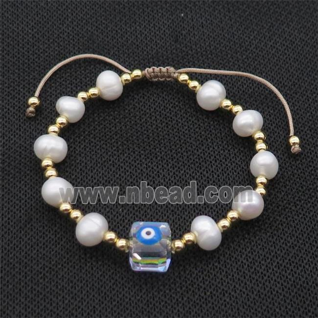 Pearl Bracelet With Evil Eye Copper Adjustable