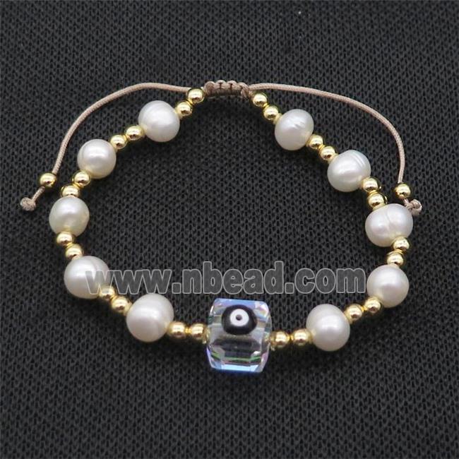 Pearl Bracelet With Evil Eye Copper Adjustable