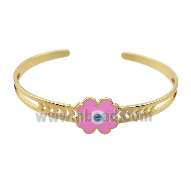 Copper Bangle Clover Pink Enamel Gold Plated