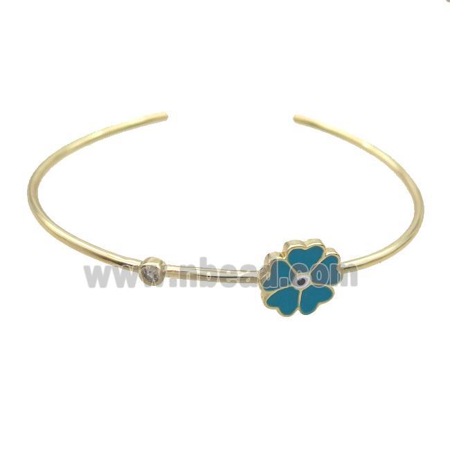 Copper Bangle Teal Enamel Flower Gold Plated