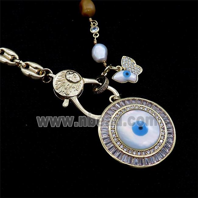 Copper Necklace Eye Pave Zircon Pearl Gold Plated