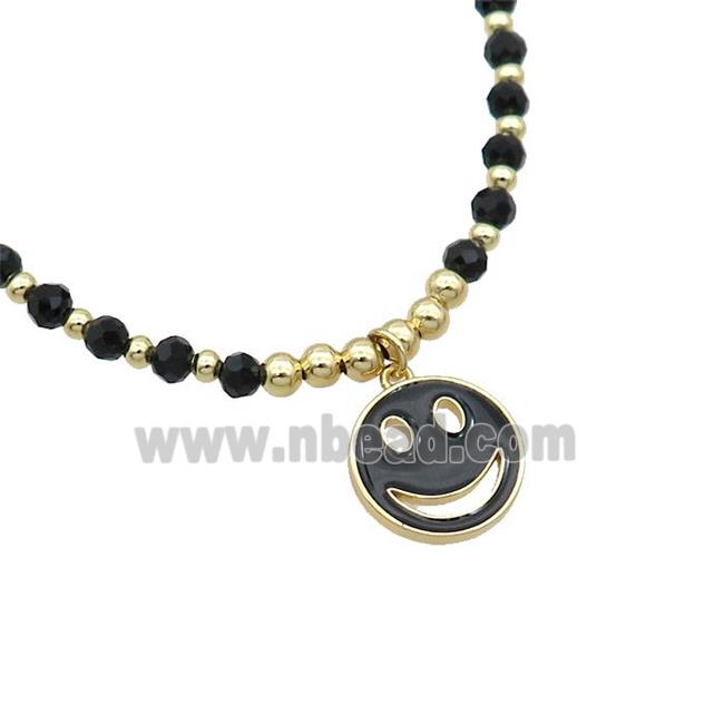 Black Crystal Glass Copper Necklace Black Enamel Emoji Gold Plated