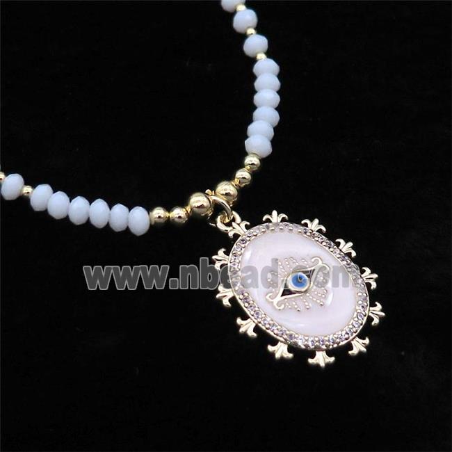 White Crystal Glass Necklace White Enamel Eye Gold Plated