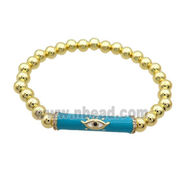 Copper Bracelet Teal Enamel Evil Eye Pave Zircon Stretchy Gold Plated