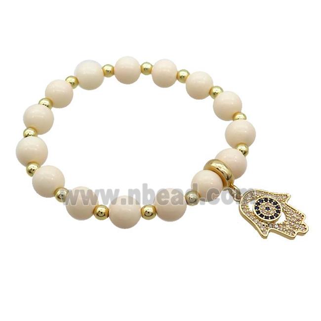 Beige Resin Bracelet Hamsahand Pave Zircon Stretchy