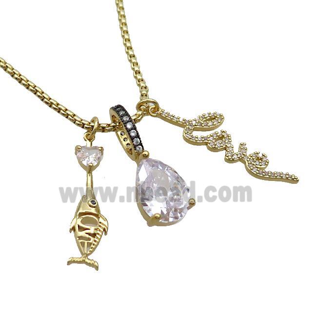 Copper Necklace Fish LOVE Pave Zircon Crystal Glass Gold Plated