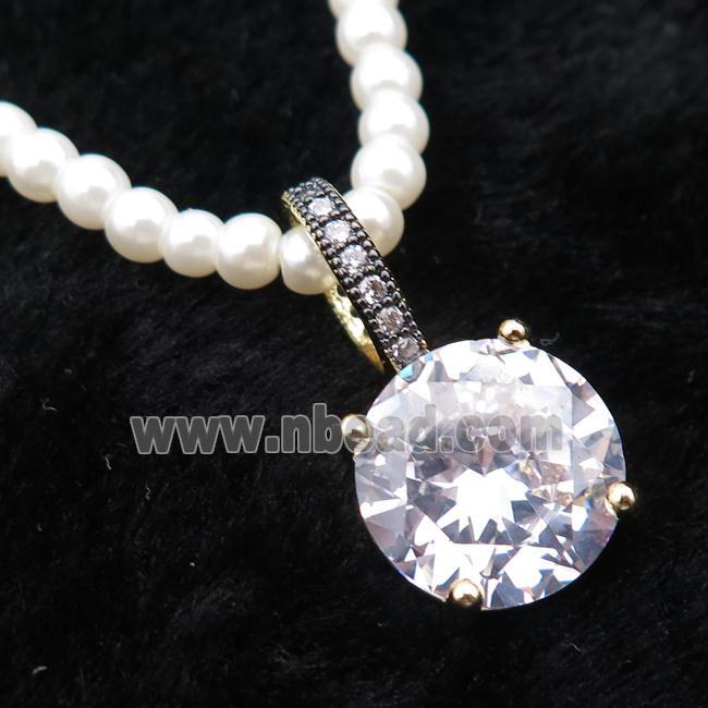 White Pearlized Plastic Necklace Pave Clear Crystal Glass Circle