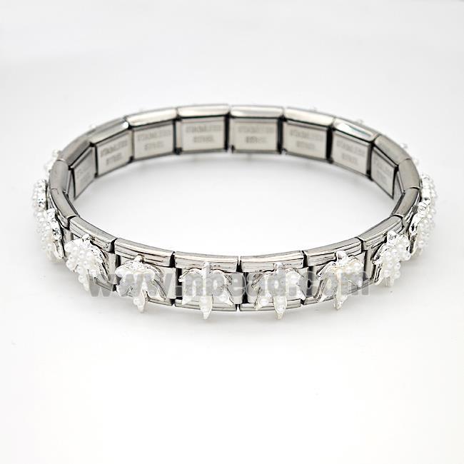 Stainless Steel Module Bracelet Leaf Pave Resin