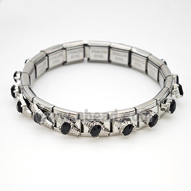 Stainless Steel Module Bracelet Pave Black Crystal Glass