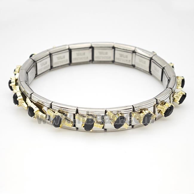 Stainless Steel Module Bracelet Pave Black Crystal Glass