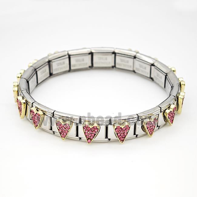 Stainless Steel Module Bracelet Heart Pave Rhinestone