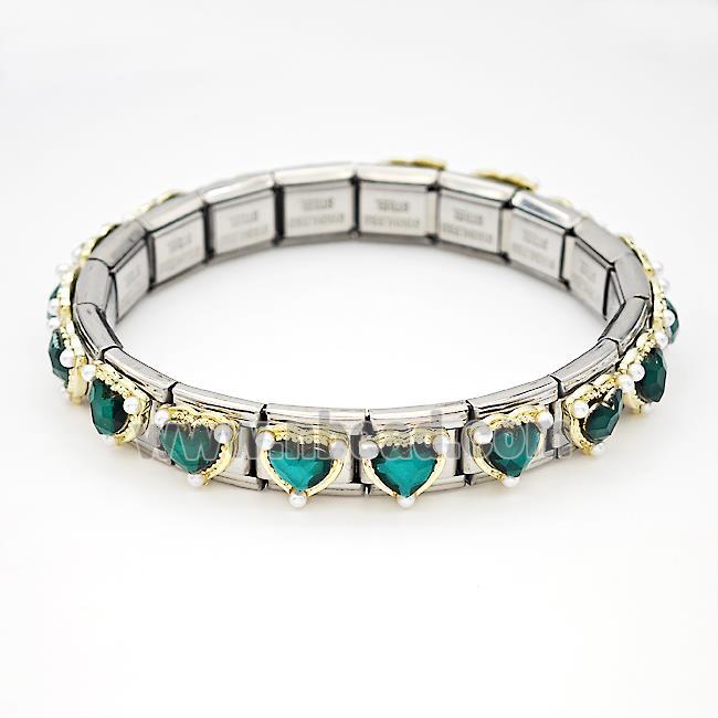 Stainless Steel Module Bracelet Heart Pave Green Crystal Glass