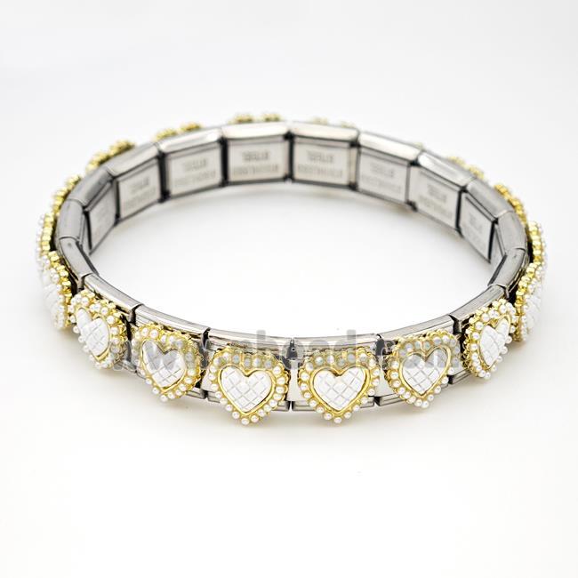 Stainless Steel Module Bracelet Heart Pave Pearlized Resin