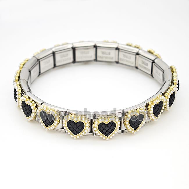 Stainless Steel Module Bracelet Heart Pave Pearlized Resin