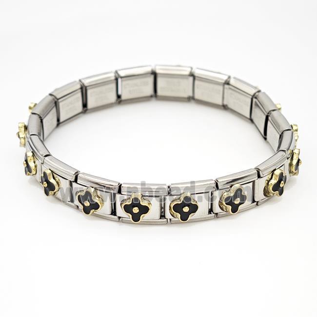 Stainless Steel Module Bracelet Clover Black Enamel