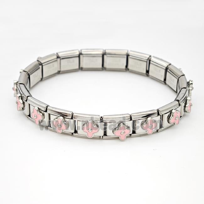 Stainless Steel Module Bracelet Clover Pink Enamel