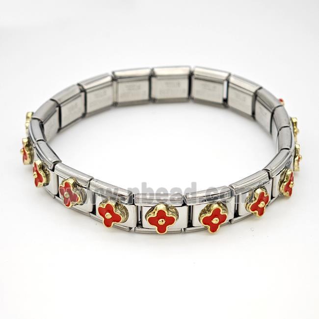 Stainless Steel Module Bracelet Clover Red Enamel