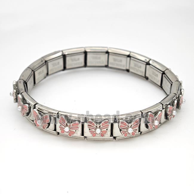 Stainless Steel Module Bracelet Butterfly Pink Enamel