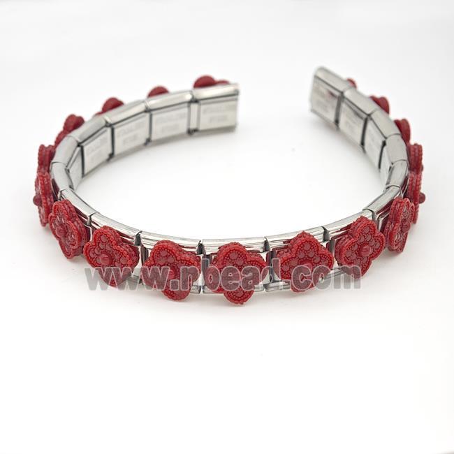 Stainless Steel Module Bracelet Clover Red