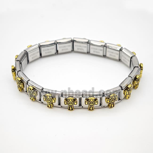 Raw Stainless Steel Module Bracelet Pave Alloy Cross