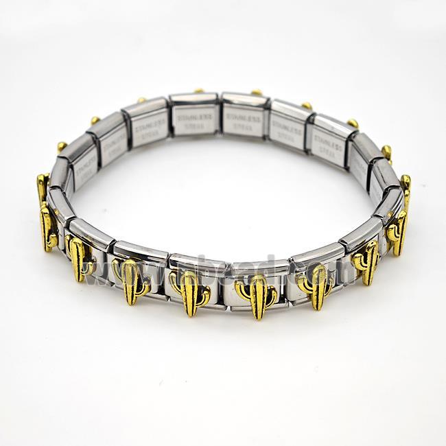 Raw Stainless Steel Module Bracelet Pave Alloy Cactus