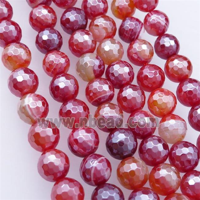 Natural Striped Agate Beads Banded Red Dye Faceted Round Electroplated