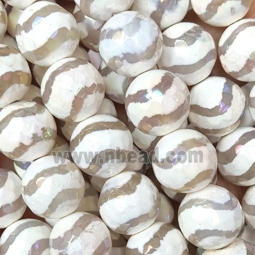 faceted round Tibetan Agate beads, white, wave, AB color electroplated